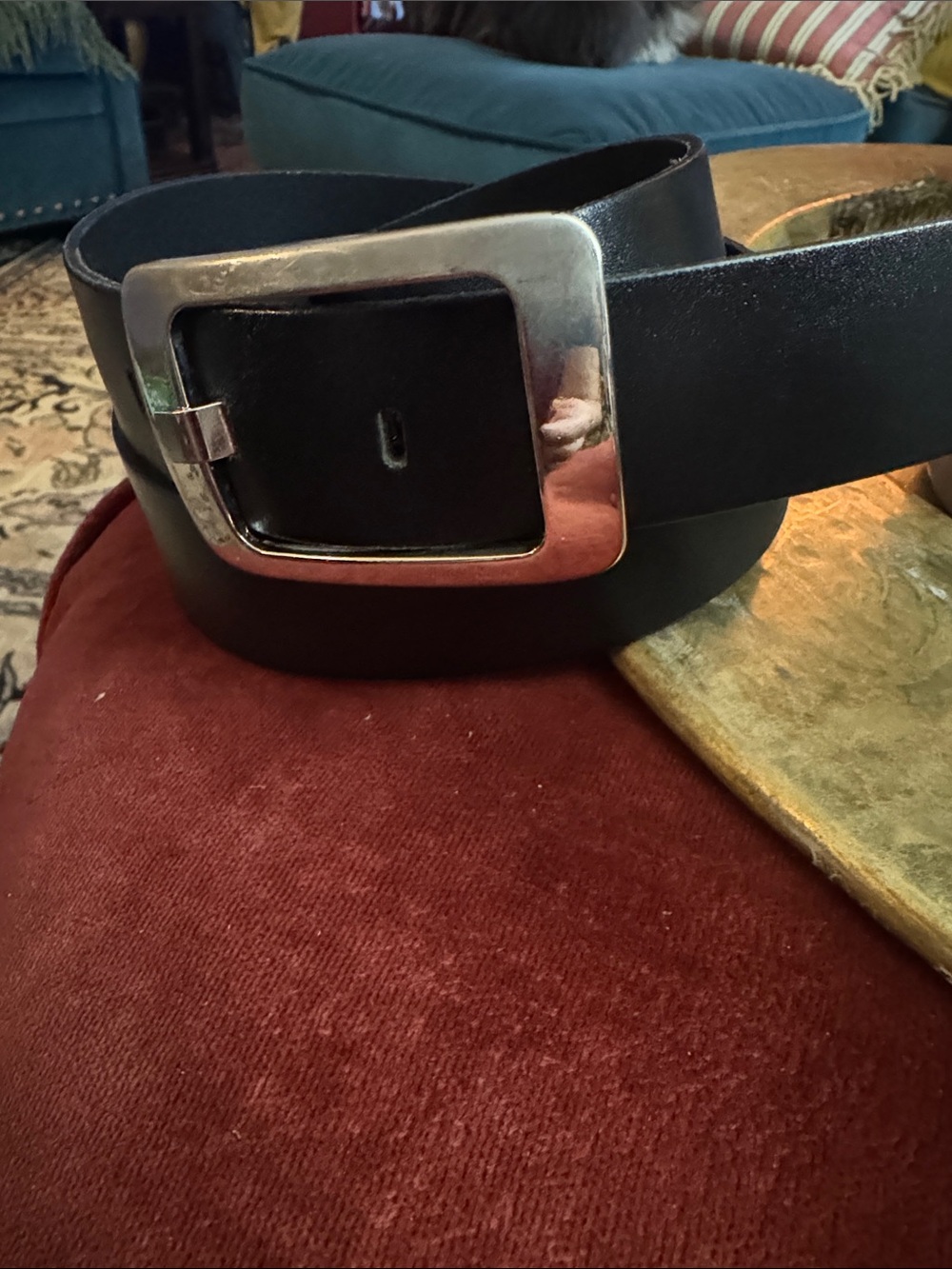 Express Black Leather Belt with Rectangular Silver Buckle